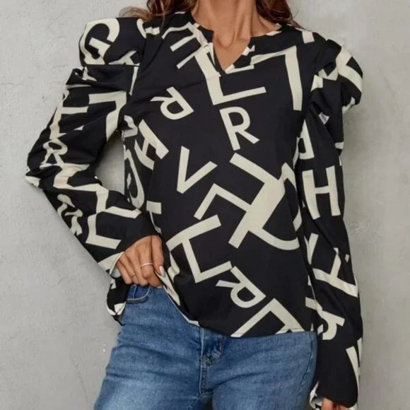 Letter Notched Neck Puff Sleeve Button down Blouse - Picture 5 of 6